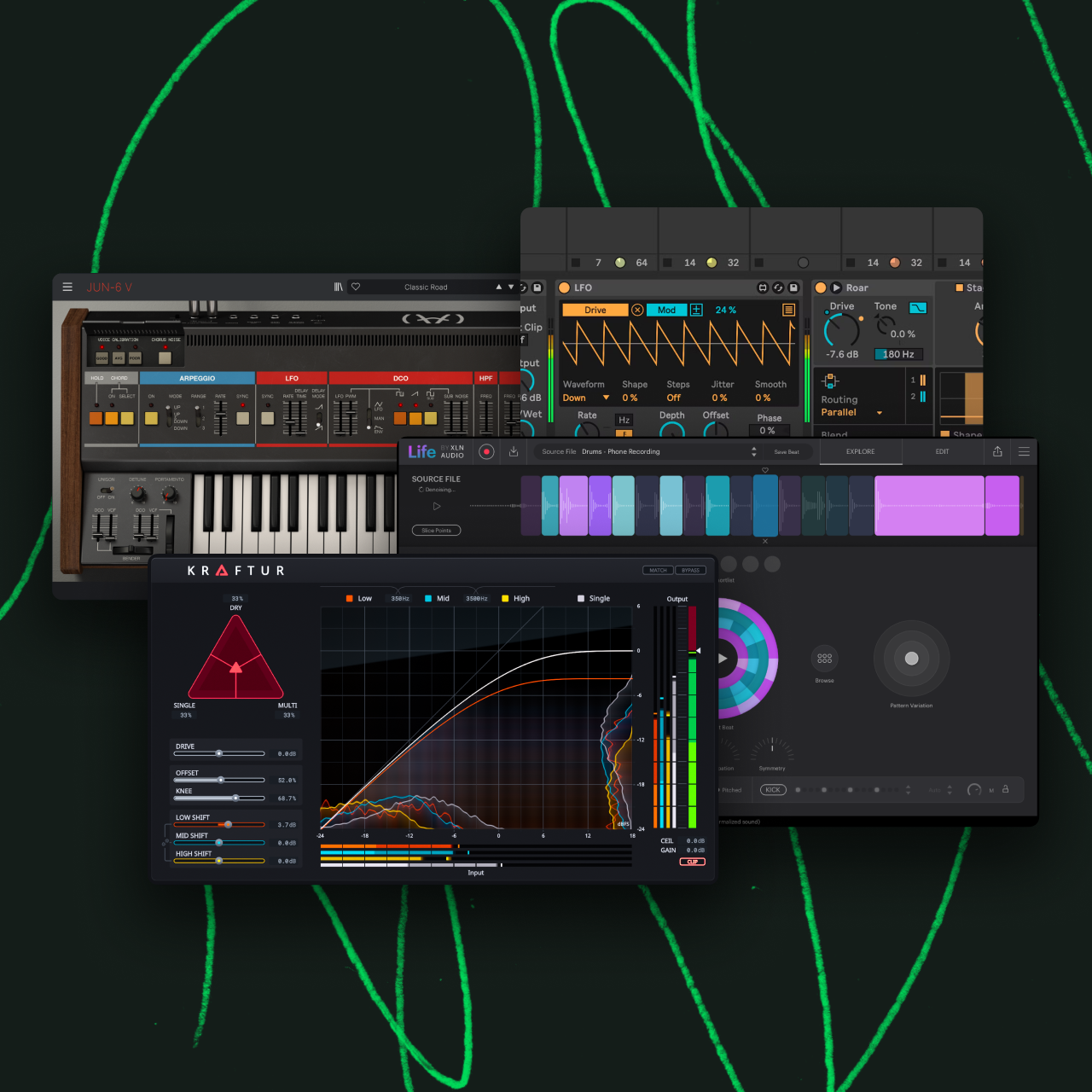 Screenshots of various DAWs, synth plugins, and effect plugins